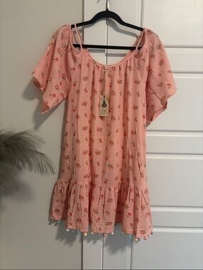 Romantic Floral Cold Shoulder Gauze Ruffle 100% Cotton Dress Pom Pom  Pockets